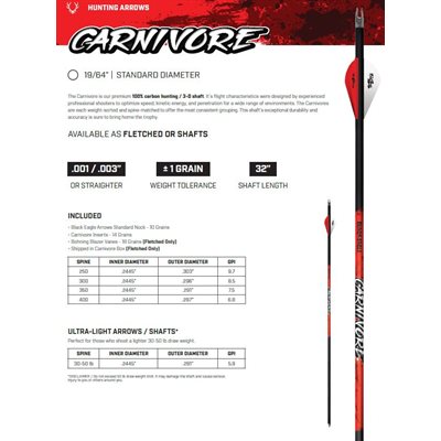 CARNIVORE FLETCHED ARROWS- .001'' 6 PACK- 300