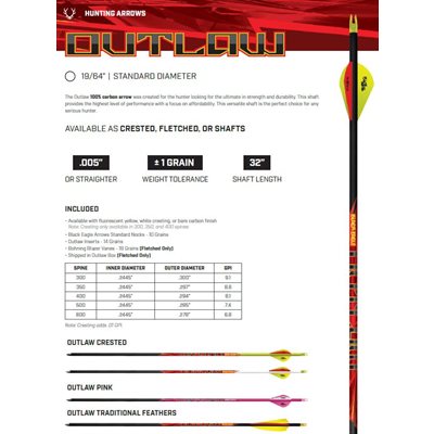 OUTLAW FLETCHED ARROWS- .005'' 6 PACK 400
